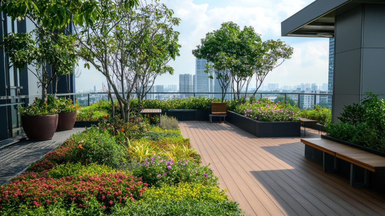 Modern rooftop garden with shrubs, trees, and a seating area on a high-rise building podium deck